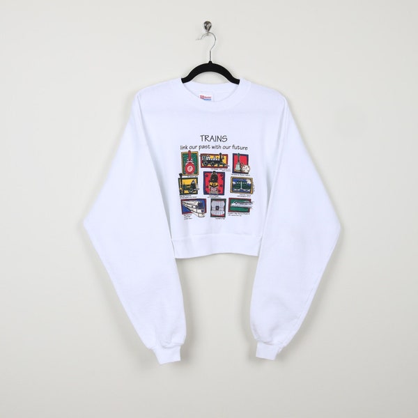 Vintage 90s White Trains Like Our Past With Our Future Graphic Print Cropped Crew Neck Reworked Transportation Crop Top Pullover Size 2X