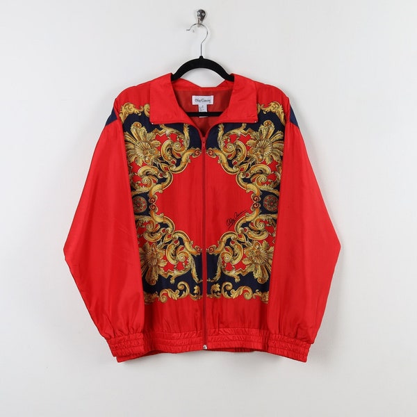 Vintage 90s 100% Silk Red & Gold Versace Style Tapestry Pattern Print Bomber Jacket Full Zip Oleg Cassini Blue Back Windbreaker Size Medium