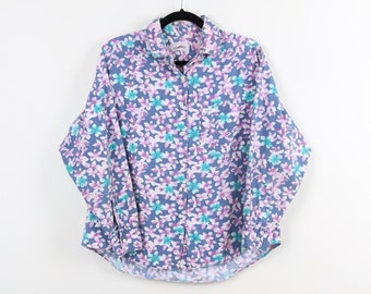 Vintage 90s Floral Print Pattern Long Sleeve Blouse Button Up Tropical Hawaiian Shirt Grunge Summer Top Size Medium