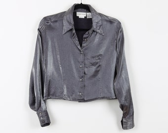 Vintage 90s Silver Metallic Cropped Long Sleeve Blouse Reworked Shiny Fancy Selena Style Party Sigrid Olsen Crop Top Size P-Medium
