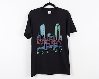Vintage 90s Boston City Buildings Bridge Black Graphic Tee Single Stitch Destination Rainbow Pride Buildings Illustration Tshirt Size Medium