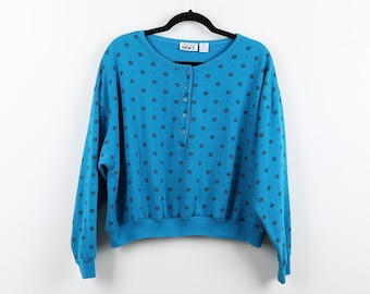 Vintage 90s Blue Floral Tapestry Print Pattern Crop Top Pullover Sweater Quarter Button Peasant Style Preppy Mom Cropped Crew Neck Size XL
