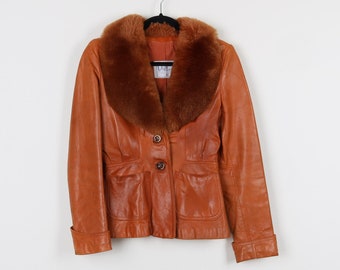 Vintage 70s Wilsons Sheepskin Copper Orange Faux Fur Lined Collar Leather Jacket Shiny WesternWomen's Bike Motorcycle Jacket Size Small