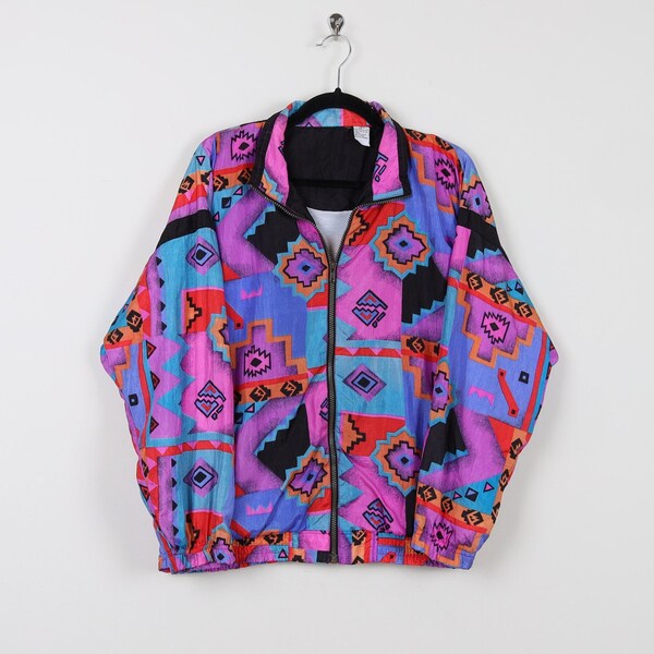 Vintage 90s Pink Abstract Geometric Shapes Pattern Windbreaker Jacket Zip Up Multicolor Stretchy Waist & Cuffs Track Jacket Size Medium