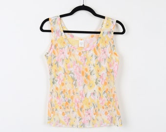 Vintage 90s Floral Print Pattern Pastel Yellow Tank Top Scoop Neck Colorful Flowers Printed Stretchy Girly Summer Tank Top Size Medium