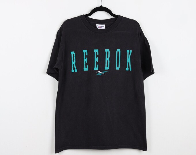 Vintage 90s Reebok Logo Black With Teal Graphic Print Tee Single Stitch ...
