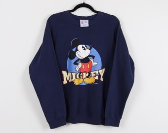 Vintage 90s Walt Disney Mickey Mouse Navy Graphic Print Crew Neck Sweater Cartoon Character Pullover Sweatshirt Petit Chico Size Small
