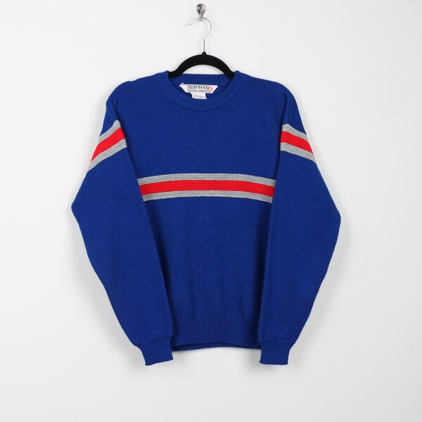Vintage 90s Blue Striped Pullover Sweater Ribbed Knit Preppy Stripe Multicolor Dorky Dad Grandpa Style Crew Neck Sweater Size Medium