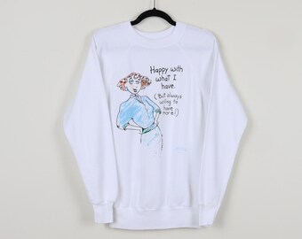 Suéter de cuello redondo vintage de los años 90 con la frase "Happy With What I Have But Always Wanted To Have More" de B. Wilson Shoebox Greetings. Sudadera Hallmark, talla L