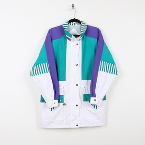 Vintage 90s Color Block Geometric Striped Pattern Wrap Jacket Colorful Snap Button Full Zip Multicolor String Waist Preppy Jacket SizeMedium