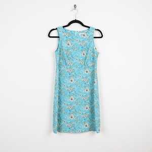 Vintage 90s Access Blue Ditsy Floral Print Pattern Shift Girly Mini Dress Summer Girly Coquette Sleeveless Sheath Mini Dress Size 5/6-Small