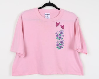 Vintage 90s Floral Butterflies Embroidered Pink Crop Top T-shirt Flowers Butterfly Embroidery Preppy Nature Reworked Cropped Tee Size Large