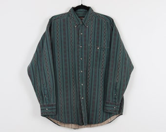 Vintage 90s Multicolor Vertical Chain Striped Long Sleeve Shirt Button Down Green Jordache Jeans Wear Western Cowboy Shirt Size Medium