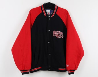 Vintage 90s Chicago Blackhawks National Hockey League Black & Red Embroidered Patch Bomber Jacket NHL Snap Button LA Jacket Size Large