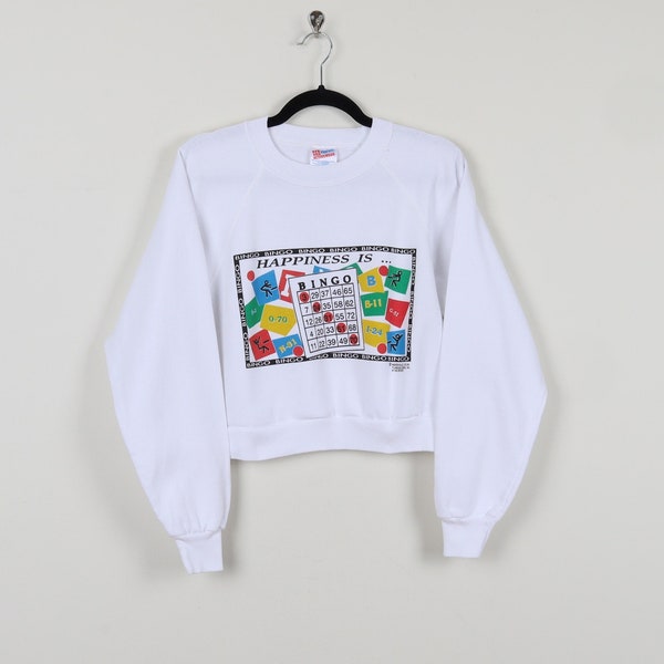 Vintage 90s White Happiness Is Bingo Graphic Cropped Crew Neck Reworked Numbers Kidsville USA Tuscaloosa Alabama Crop Top Sweater SizeMedium