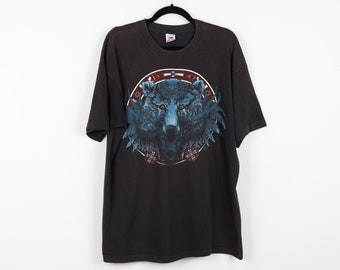 Vintage 90s Black Bear Animal Faces Wild Animals Graphic Print Tee Single Stitch Eagle Bear Deer Wildlife T-Shirt Size XL