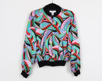 Vintage 90s 100 % Silk Colorful Abstract Versace Style Pattern Multicolor Bomber Jacket Full Zip Funky Retro Windbreaker Jacket Size PL