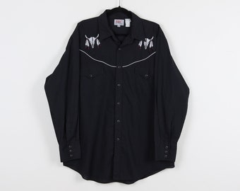 Vintage 90s Dream Catcher Embroidery Bull Horn Feathers Embroidered Black Long Sleeve Onyx Snap Button Western Ely Shirt Size XL