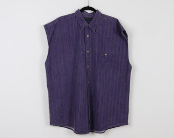Vintage 90s Purple Striped Print Pattern Sleeveless Shirt Grunge Button Down Santana Shirt Size 2X