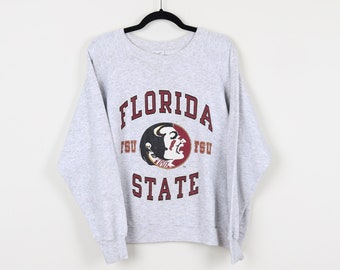 Vintage 90s  FSU Florida State University Seminoles Gray Graphic Print Crew Neck Sweater College Football Pullover Sweatshirt Size Large