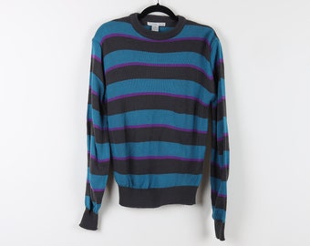 Vintage 90s Blue & Black Striped Crew Neck Sweater Ribbed Knit Knitted Multicolor Pullover Sweater Size Medium