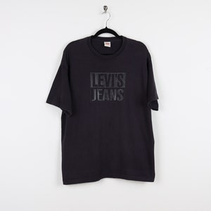 Vintage 90s Levi&#39;s Jeans Black Graphic Print Tee Single Stitch Minimalist Western T-shirt Size Large