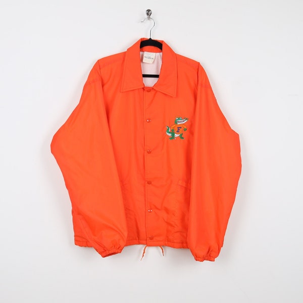 Vintage 90s Florida Gators Bright Orange Embroidered Football Jacket Drawstring Snap Button Retro Athletic Sports Windbreaker Jacket Size XL