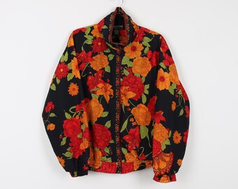 Vintage 90s Bright Orange Floral Print Pattern Windbreaker Colorful Flowers Full Zip Band Collar Funky Multicolor Jacket Size Medium
