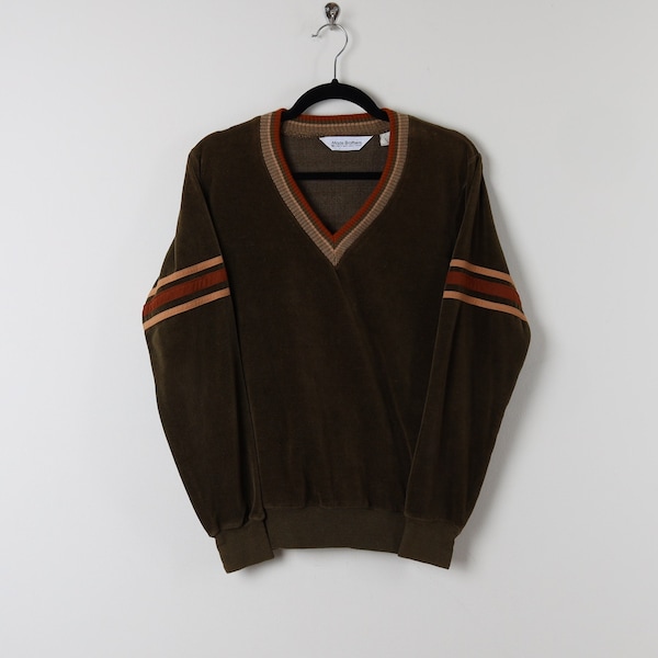 Vintage 90s Brown Velvet Knit V-Neck Pullover Dorky Grunge Maas Brothers Chalk Line Sweater Size Small
