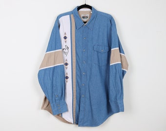 Vintage 90s Color Block Blue Striped Lining Long Sleeve Horse Embroidery Cumberland Outfitters Snap Button Western Cowboy Shirt Size XXL