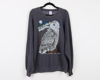 Vintage 90s Dark Gray Owl Graphic Print Pullover Sweater Bird Animal Nature Crew Neck Sweatshirt Size XXL