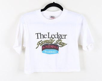 Vintage 90s The Ledger Family Day Boardwalk Baseball Graphic Print Cropped Tee White Single Stitch Reworked Athletic Crop Top Size Small