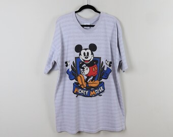 Vintage 90s Disney Mickey Mouse Striped Gray Graphic Print Tee Walt Disney Stripe Sleep Tee Style Single Stitch T-shirt One Size Fits All