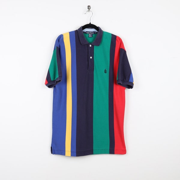 Vintage 90s Colorful Vertical Striped Nautica Embroidered Logo Multicolor Polo Shirt Color Block Stripe Polo Preppy Polo Shirt Size Medium