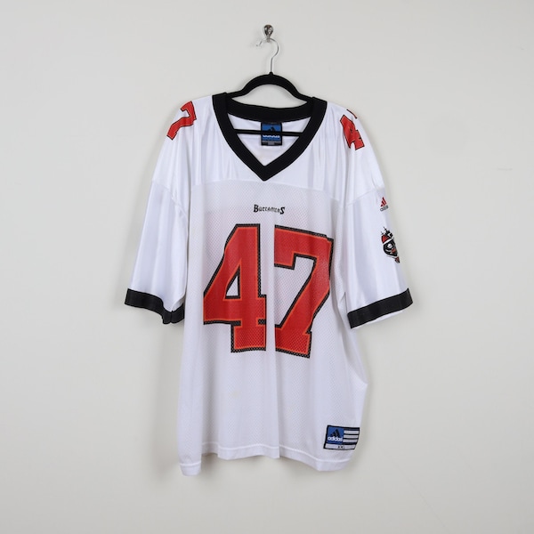 Vintage 90s Tampa Bay Buccaneers Adidas Team John Lynch #47 White & Red Jersey Tee NFL Football Sewn Patch V-Neck Mesh Jersey Size XXL