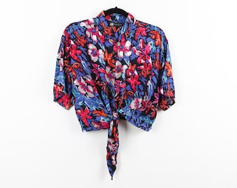 Vintage 90s Black With Colorful Floral Print Tie Up Blouse Multicolor Flowers Pattern Cropped Button Down Short Sleeve Blouse Size Large