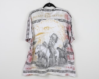 Vintage 90s Native American Indians Riding A Horses Eagle AOP All Over Print Graphic Tee Animals Bird Aztec Style Print T-shirt Size XL