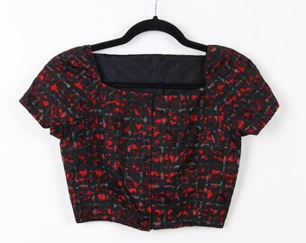 Vintage 90s Red & Black Floral Lace Style Embroidery Detail Crop Top Zip Up Short Sleeve Square Neckline Cropped Blouse Size XS