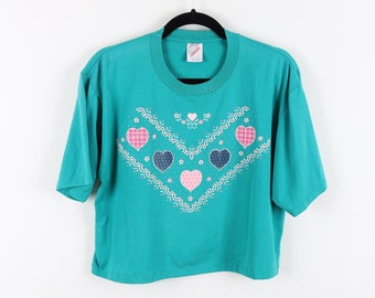 Vintage 90s Teal Pink Blue Tapestry Pattern Hearts Embroidered Cropped Tee Reworked Patchwork Embroidery Preppy Girly Crop Top Size Large