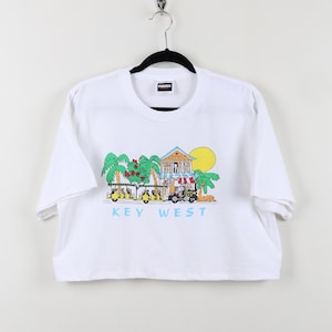 Vintage 90s White Key West Florida Colorful Graphic Crop Top Leisure Nature Trees Dog Pool Cart Train Style Souvenir Cropped Tee Size XL