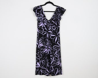 Vintage Y2K My Michelle Spring Black Abstract Floral Print Pattern Ruffle Cap Sleeve Midi Dress Flowers Print Shift V-neck Dress Size Small