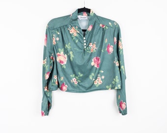 Vintage 70s Green Floral Polyester Print Pattern Pearl Bead Crop Top Long Sleeve Reworked Cropped Blouse Size Large Petite