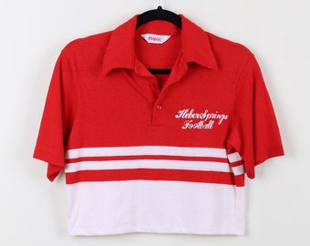 Vintage 90s Red Striped Embroidered Heber Springs Football Crop Top Polo Single Stitch Reworked Dad Style Athletic Cropped Polo Size Medium