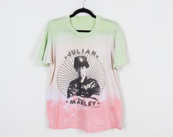 Vintage 90s Pastel Bleach Dye Julian Marley Harder Than The Rest Graphic Print Tee Tie Dye Single Stitch Reggae Music Band Tshirt Size Large