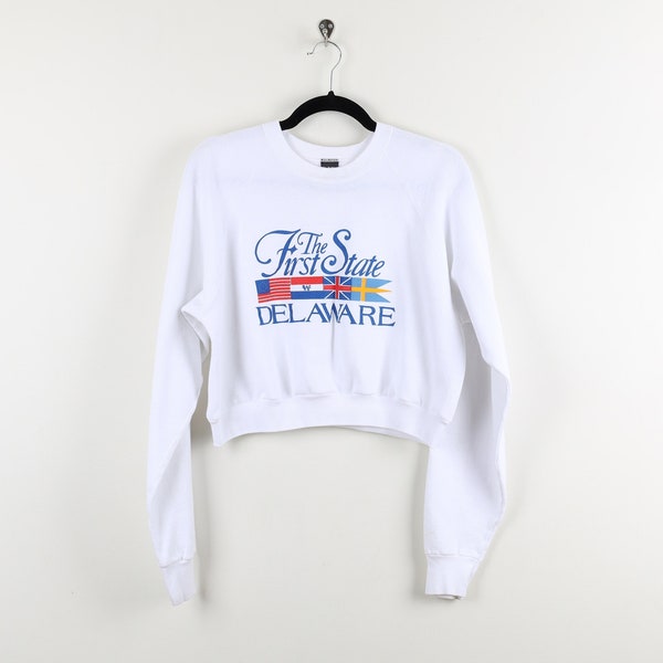 Vintage 90s The First State Delaware DE White Crop Sweater Souvenir Gift Gifting US Flag Flags Crop Top Pullover Sweater Size XL