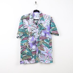 Vintage 90s Purple Abstract Floral Hawaiian Print Pattern Short Sleeve Shirt Tropical Summer Vacation Style Button Down Shirt Size Large