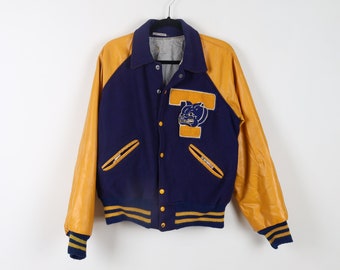 Vintage 70s Yellow Purple Varsity T Leather Letterman