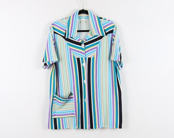 Vintage 70s Terry Cloth Multicolor Pastel Striped Vertical Stripe Short Sleeve Blouse Button Up Western Cowgirl Retro Blouse Size Medium