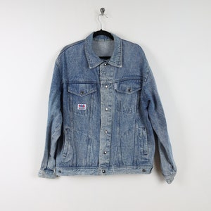 Vintage 90s Faded Blue Worn In Denim Jacket Trucker Truck Driver Western Cowboy Snap Button Bravo Top Patch Jean Jacket Size Large