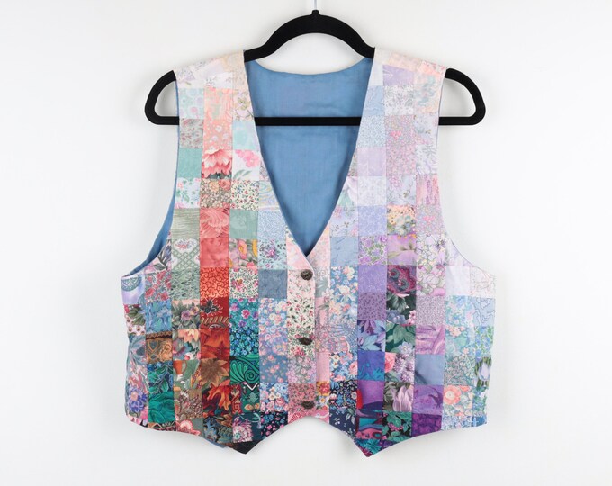 Pattern From Country Vintage 90s Patchwork Floral Pattern Print Vest Tank Deep V-neck Button ...